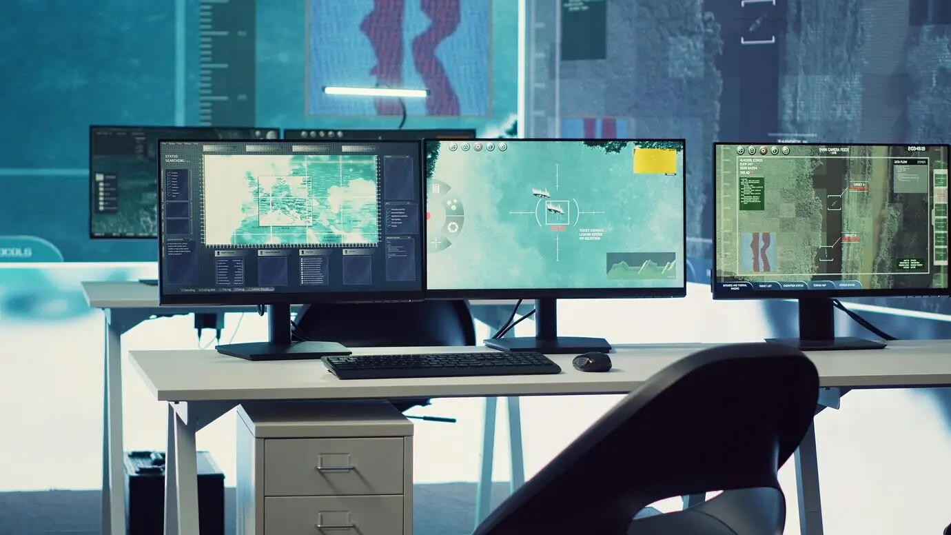 Cuartel general de mando militar vacío con una gran pantalla utilizada para reconocimiento