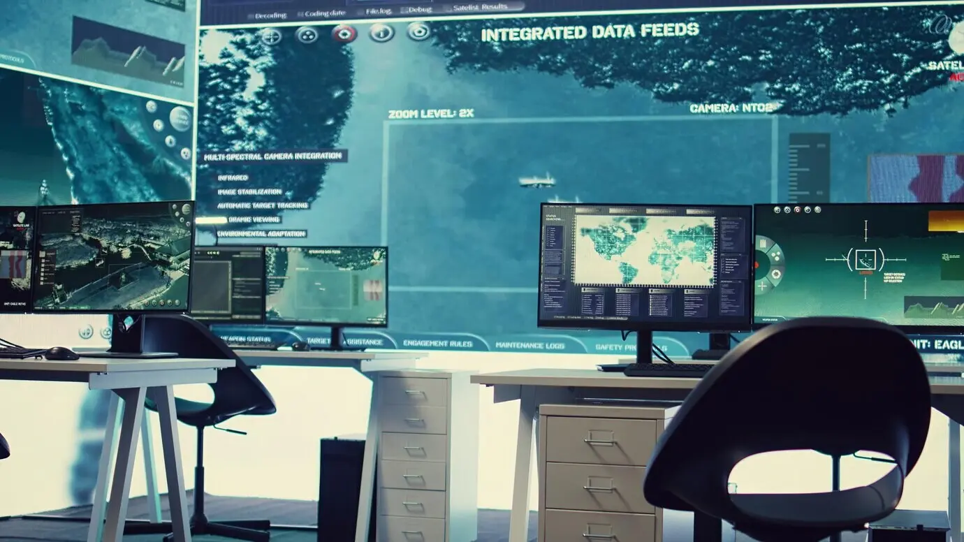 Sala de operaciones vacía del servicio secreto nacional utilizada para seguir alertas de seguridad