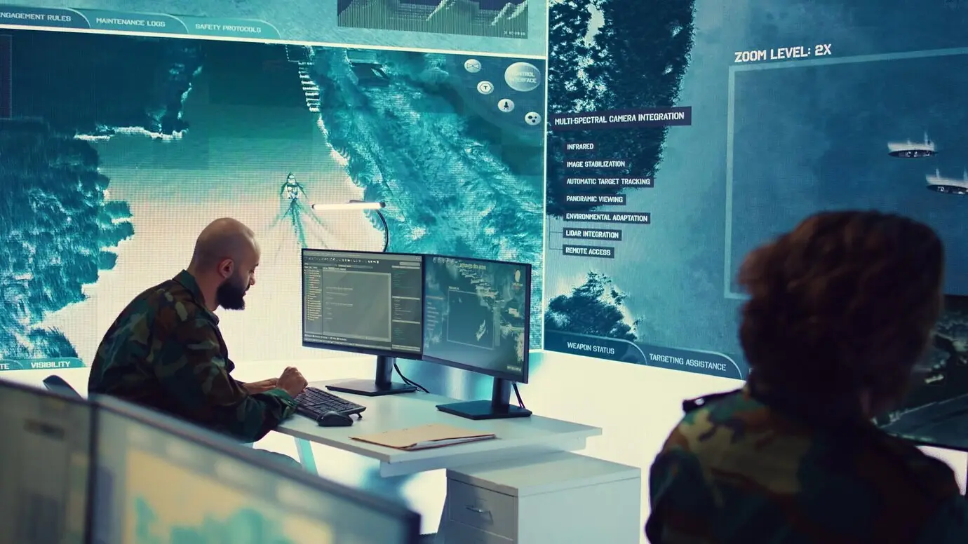 Una oficial del ejército coordinando una misión de operaciones especiales en un puesto de mando.